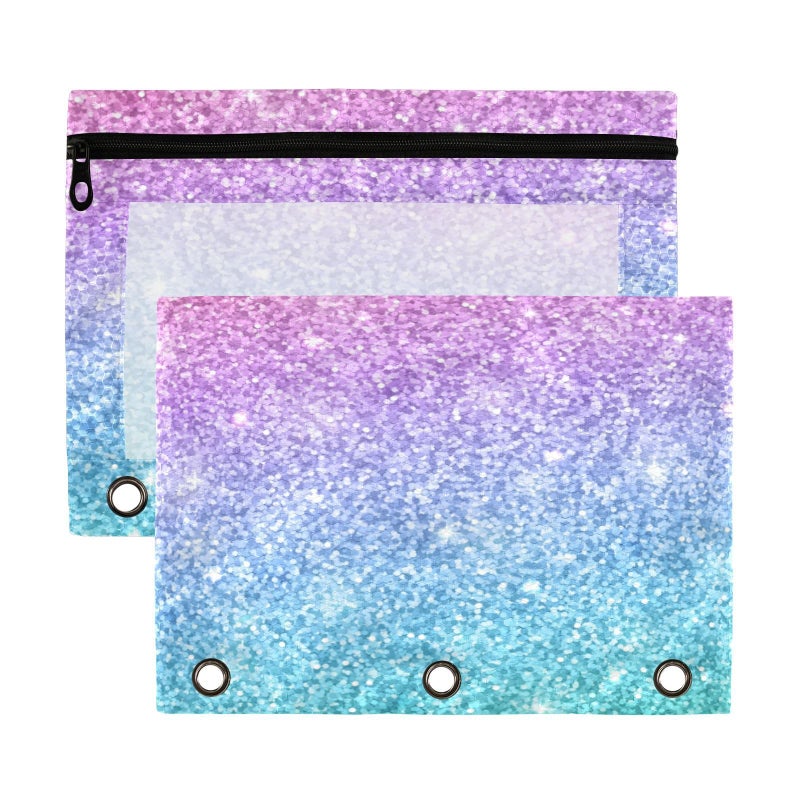 Kcldeci Pencil Pouch for 3 Ring Binder  Pink Blue Glitter Binder Pouches with Zipper Bulk  Pen Holder Case with Clear Window School Class Office Organizers  2Pack - Image 1